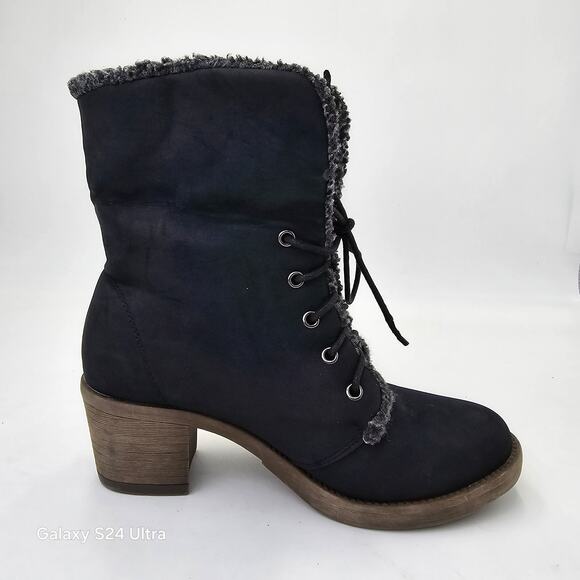 Bucco Damari Lace Up Black Bootie Faux Fur Suede Fold Over Block Heel Womens 5.5 - Picture 3 of 10